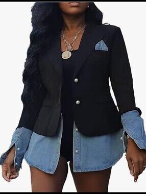 Black Women's Blazer with Denim Trim